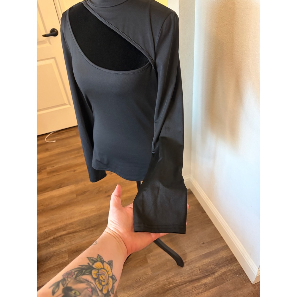 Black Asymmetrical Cutout Mock Neck Long Sleeve Top Edgy Modern Minimalist - Picture 3 of 4